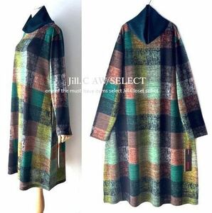 Jill.C*［新品］ 送料185円 伸縮◎綺麗配色 グラデBLOCK*ボリュームリブ ネックdesign*プルオーバー*チュニック*ワンピース3672.green