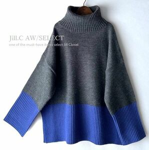 Jill.C［新品］伸縮◎上質感 ハイセンス GRAY×BLUE*サイドスリット入*ドロップショルダー*タートルネック*プルオーバー*ニット3732