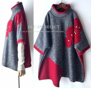 Jill.C［新品］ 送料185円 伸縮◎重ね着レイヤードに 遊び心溢れる♪バイカラー配色 Applique＆釦*プルオーバー*チュニック3730.GRAY×RED.