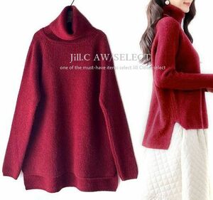 Jill.C*［新品］ 伸縮◎ラグランスリーブ＆バックロングdesign*ふんわり♪ソフトリブ 起毛ニットプルオーバー3703.wine