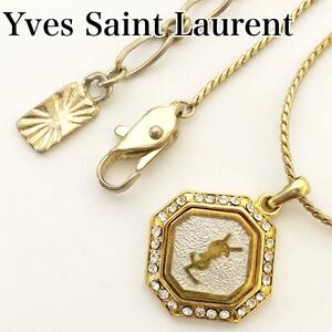 Yves Saint Laurent イヴサンローラン ネックレス YSL ロゴ 刻印 ゴールド 金 白 ヴィンテージ ラインストーン ビジュー カサンドラロゴ