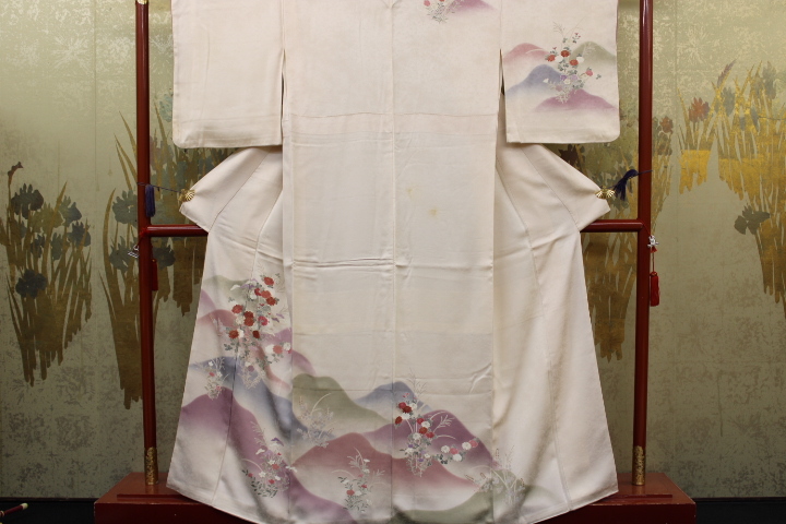 기모노 곤자쿠 6170 드롭다운 기모노 방문 상아 바탕에 염색된 손으로 그린 유젠, 도야마 음영 및 야생화 패턴, 최고 품질, 길이 158cm, 여성용 기모노, 키모노, 나들이옷, 맞춤형