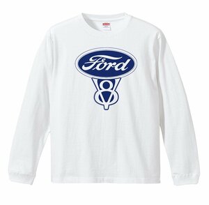 フォード ロングTシャツ リブ付き 白 (S/M/L/XL) 長袖 マスタング f100 f150 ホットロッド V8 ford