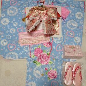 七五三7歳祝着物化繊フルセット松田聖子ブランド水色薔薇はこせこ作り帯