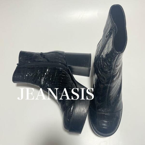 JEANASIS ジーナシス　型押し　エナメル　チャンキー　ヒール　ブーツ　黒