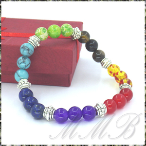 [BRACELET] Natural Colorful Beaded Chakra φ8mm ナチュラル セブンカラー チャクラ ストーン シルバーチャーム 伸縮ブレスレット