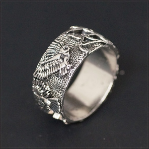 [RING] 925 Silver Plated Vintage Owl 森の木々 & 飛んでいる フクロウ 彫刻 デザイン ヴィンテージ シルバー 10mm ワイド リング 16号