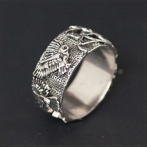 [RING] 925 Silver Plated Vintage Owl 森の木々 & 飛んでいる フクロウ 彫刻 デザイン ヴィンテージ シルバー 10mm ワイド リング 12号