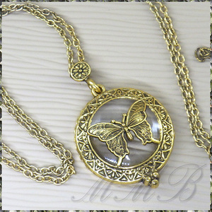 [PENDANT NECKLACE] Vintage ヴィンテージ ゴールド 虫眼鏡 老眼鏡 拡大ルーペレンズ ペンダント ネックレス バタフライ 蝶々 【送料無料】