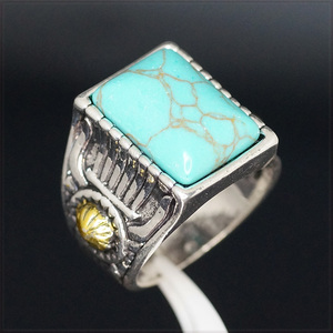 [RING] Antique Design Turquoises Stone レクタングル ターコイズ ブルー ストーン シルバー & ゴールド 19mm ワイド リング 22号