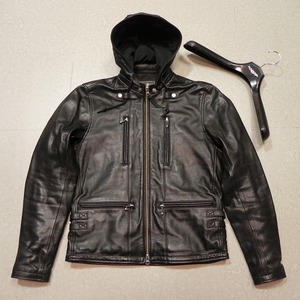 【中古 美品】KADOYA カドヤ K'S LEATHER EURO CAPP フード付き レザージャケット M ハンガー付き バイクウェア メンズ 山羊革 黒 ★h