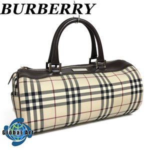 ●11C131【美品】BURBERRY バーバリー/ハンドバッグ/ミニボストンバッグ/ノバチェック/筒型/シルバー金具/ベージュ/ブラウン/茶