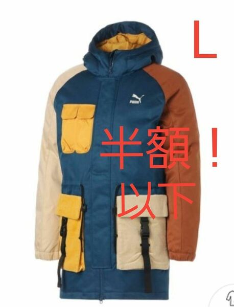 新品！~PUMA~ 個性派 ダウンベンチコート L クレイジーパターン 防寒衣料 スポーツ観戦 オリジナルカラー