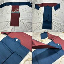 [217] 帯 作り帯 2点 セット 青 赤 朱色 和柄 和服 着物 訪問着 日本 リメイク素材 ハンドメイド素材_画像5