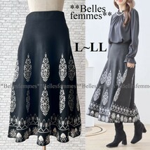 ★Belles*★送料185円★新品L～XL*ふわりと揺れるシルエット*暖かく包み込んでくれる*ニットフレアロングスカート*096黒オフホワイト*TRUBE_画像1