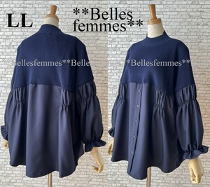 ★Belles*★送料185円★新品*L～LL★ネイビー*ニット異素材*ドッキングチュニック*大人可愛く体型カバー*モックネックプルオーバー595TRUBE