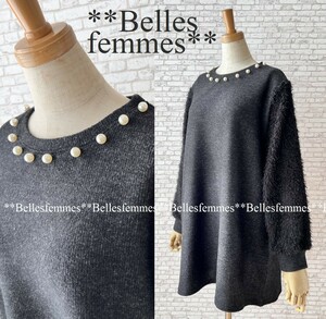 ★Belles*★送料185円★新品★ぷっくりパールとシャギー素材♪一枚で華やぐ*トレンド&上品なチュニック*ゆったりフリーサイズ*93917黒