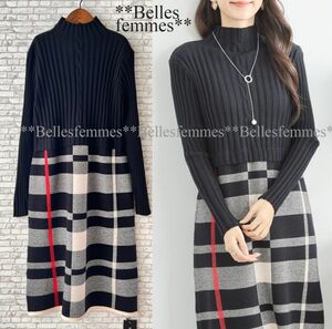 ★Belles*★送料185円★新品★清楚な印象*暖かニット*脚長効果*タータンチェック切替*もっちり*ワンピース*275黒*M～L*オフィスにもTRUBE*