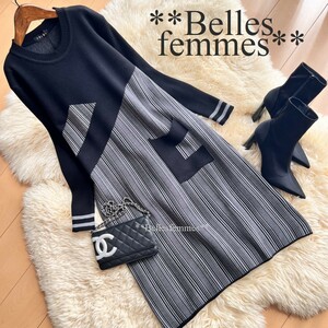 ★Belles*★送料185円★新品M～L*しっとりもっちりニット*ブロックストライプ*ニット*チュニックワンピース*219黒*オフィスにも*TRUBE