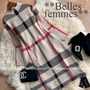 ★Belles*★送料185円★新品M～L*寒さに負けない*しっとりもっちりニット*タータンチェック*チュニックワンピース*237BE*オフィスにもTRUBE