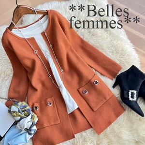 ★Belles*★送料185円★新品M～L*しっとり暖かなウール混*シンプルエレガント*もっちりニット*ノーカラーロングカーディガン110Aテラコッタ