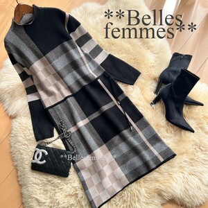 ★Belles*★送料185円★新品M～L*しっとりもっちりニット*簡単コーデ*チェックニット*チュニックワンピース*202ブラック*オフィスにもTRUBE