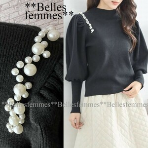 ★Belles*★新品★送料185円★M～L★女性らしい甘さ*ポワン袖*ボリューム袖パール*柔らかもっちり*上品ニット*プルオーバーセーター1552黒*