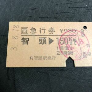 ☆ 硬券A型急行券　JR西にほ　智頭→ 150Kmまで　チケット印、パンチ有りは3.8.18 急行　砂丘用　経年ヤケ