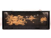 【中国古玩　コルク彫刻】　山水木画　額装　20世紀前半　輸出工芸品　　　N1017F_画像1