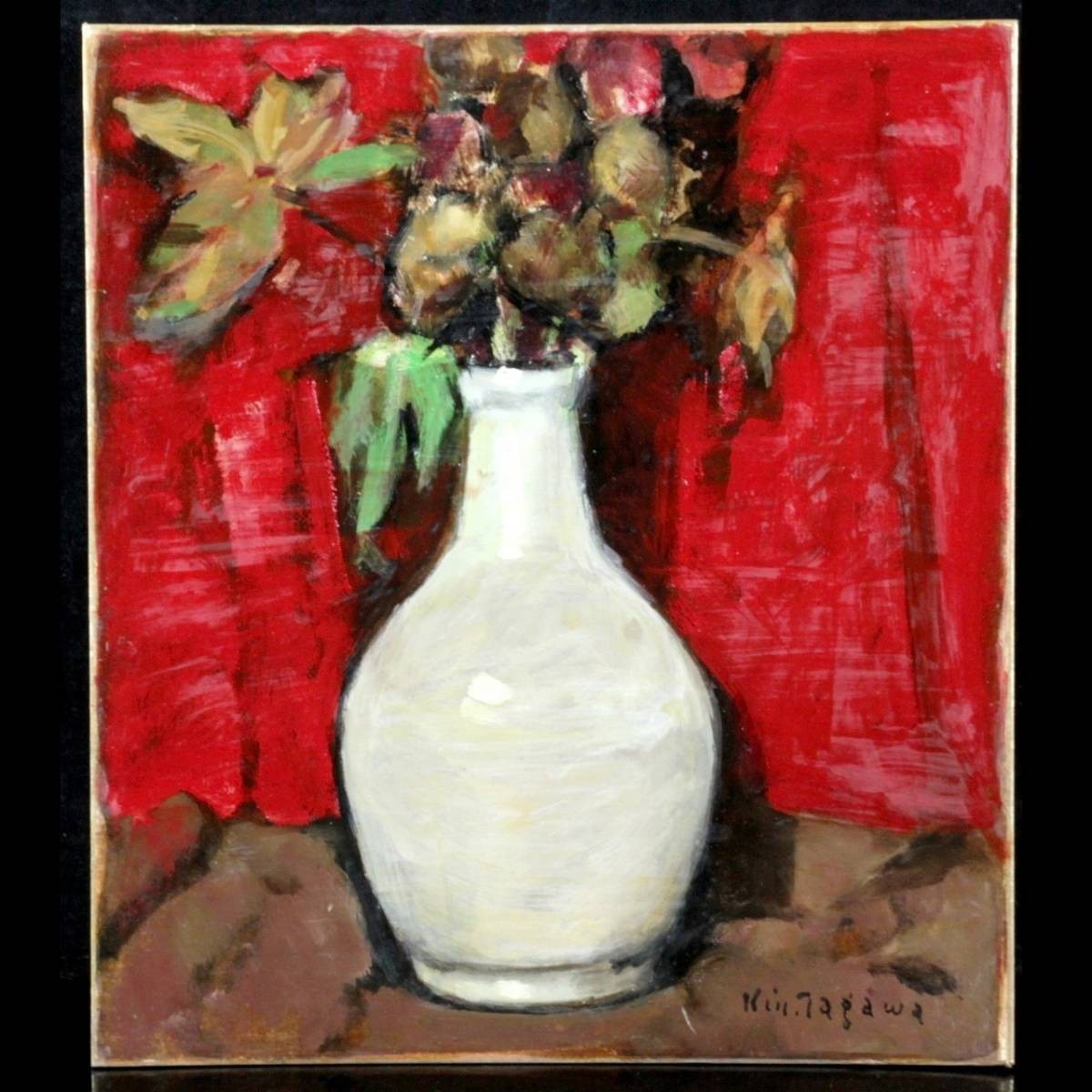 ｡◆ ◆ Autenticidad garantizada Tsunji Tagawa Flores en un frasco Pintura al óleo pintada a mano Sello de la Galería Umeda T[Y90.2]OQ2/23.7/SI/(120), cuadro, pintura al óleo, pintura de naturaleza muerta