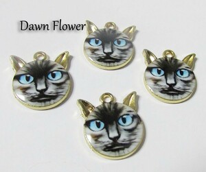 【D-0518】5pcs　リアルフェイスのネコチャーム　21×18mm　グレー　チャーム　ハンドメイドパーツ