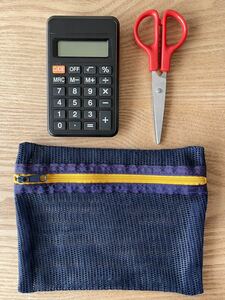 [3 point set ] Mini calculator black Mini scissors . color mesh pouch blue 