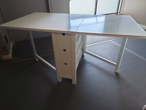 IKEA NORDEN 白 バタフライテーブル ゲートレッグ 引き出し 机 ダイニング エクステンション 伸長 ナチュラル 作業台 ノールデン イケア