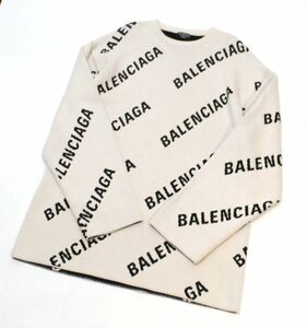 正規品 BALENCIAGA バレンシアガ 斜めロゴ オールオーバーロゴ オーバーサイズセーター LOGO アイボリー L ユニセックス メンズ レディース