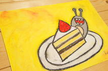 【ケーキとナメクジ】手描き 肉筆 クレヨン画 絵画 A4サイズ 689,Crayon painting, oil pastel painting, original art,なめくじ_画像4