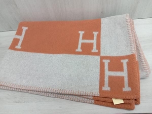 【タグ付き】HERMES ロゴ ブランケット オレンジ ひざ掛け 毛布 ウール85% カシミヤ15% エルメスサイズ:縦168cm×横133cm