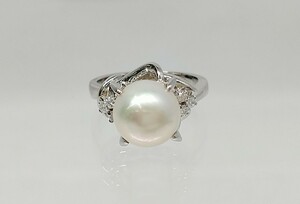 【新品仕上げ済】Pt900 真珠 約9.8mm ダイヤ0.14ct 約13号 総重量約9.1g リング 指輪 ソーティングカード付 プラチナ ダイヤモンド リング
