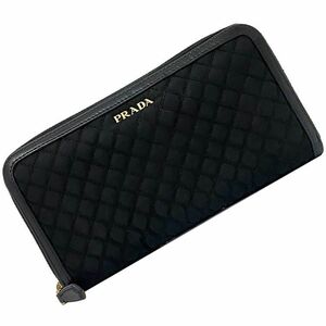 プラダ ラウンドファスナー 長財布 ブラック キルティング 1M050 財布 美品 キャンバス レザー 中古 PRADA