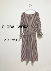 GLOBAL WORKグローバルワーク　 ストライプ ロングワンピース ギャザー 長袖大人カジュアルフリーサイズFベージュネイビー