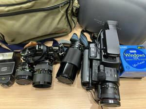 【JV5246a】カメラ レンズ ビデオカメラ おまとめ cannon フラッシュ付き 箱付き ケース付き レンズ2個 保管品 動作未確認 ジャンク品