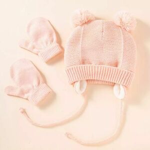 【新品】2点セット ピンク 耳付きニット帽 手袋 ビーニー ベビー 赤ちゃん