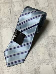 新品ミチコロンドン日本製ネクタイ 　シルク100%お買い得サービス　サックスブルーストライプスッキリストライプ