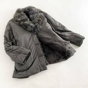 L13-50《最高級毛皮》グレーフォックス×ラビットファー ライナー 中綿コート ジャケット リアルファーコート 毛皮コート L レディース