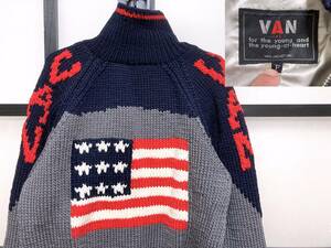 80s ヴァン 星条旗柄 カウチン セーター / 80年代 VAN JAC ヴァンヂャケット ニット セーター ジャケット アメリカ国旗 当時物 ビンテージ
