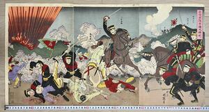 Art hand Auction [Original] Echter Ukiyo-e-Holzschnitt von Utagawa Kuniteru, Gemälde „Der große Sieg der Kaiserlichen Armee im Pjöngjang-Krieg, Krieger Malerei, historisches Material, Triptychon, große Größe, gut erhalten, Malerei, Ukiyo-e, Drucke, Kriegergemälde