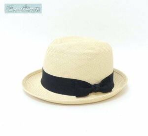 CHANEL ストローハット 帽子 M ナチュラル/ブラック ココマーク付リボン
