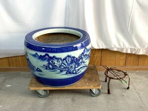 【C099】手渡し可 昭和レトロ 陶器製 火鉢 大鉢 メダカ鉢 直径43cm 高さ28cm 灰入り 五徳 火箸付き 年代物 b