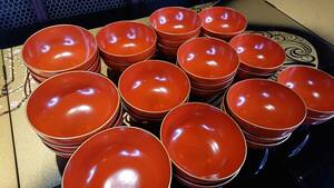 T02-1206　輪島塗 木製漆器 紅朱塗 金縁 飯椀汁 汁椀 各15客 計30客 まとめて