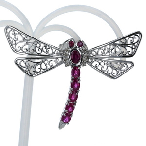 K18WG Brass White Gold Croach Ruby 1,52CT Diamond 0,11CT Dragonfly Animal Necials