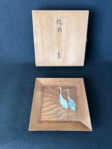 古美術　光琳風　螺鈿瑞鶴四方盆　作家物　共箱付き　木製 煎茶道具 香盆